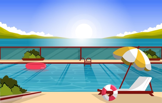 Nature Swimming Pool Summer Holiday Leisure Relaxation Flat Design Illustration