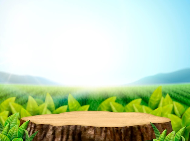 Nature tea garden background with leaves and cut tree trunk in 3d