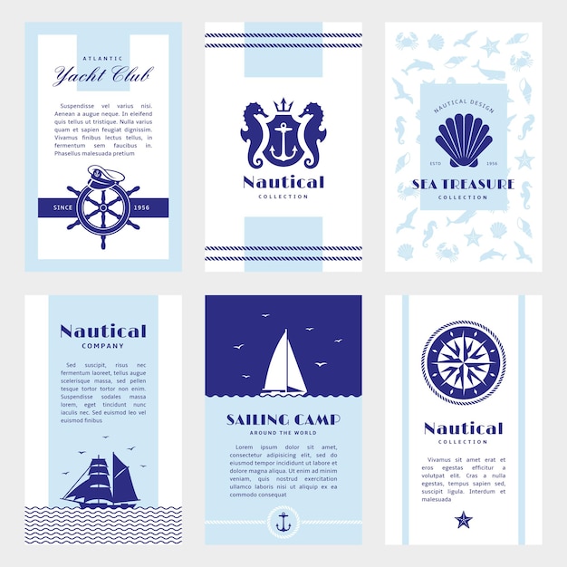 Vector nautical brochures menu cruise or wedding brochure design marine style covers abstract retro yacht tourism ad flyer sea navy tidy vector postcards