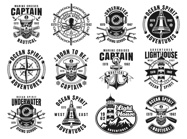 Vector nautical set of twelve vector emblems, labels, badges or logos in vintage monochrome style isolated on white background