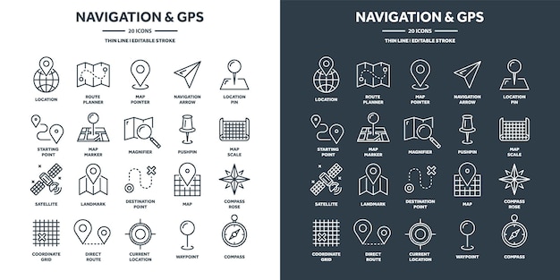 Vector navigation map and geolocation gps positioning coordinate grid quadrants cardinal points location finder travel route and waypoints planning thin line web icons set vector illustration