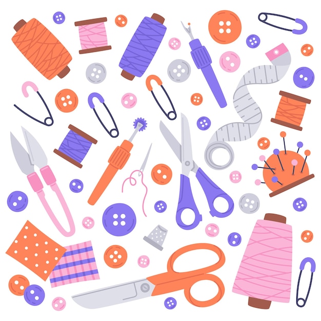 Needlework sewing hand drawn tools vector illustration icons set