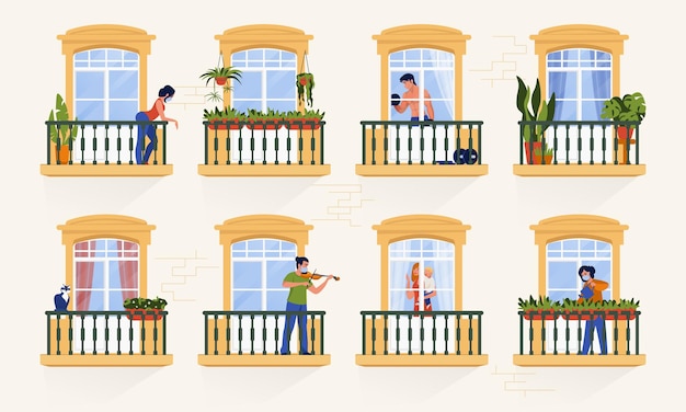 Vector neighbors in windows. people characters staying at home on quarantine and watching tv, cooking and spending time together. vector illustrations cartoon persons in apartments, coronavirus isolation