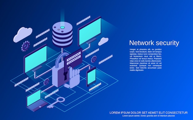 Network security, data protection flat isometric  concept illustration