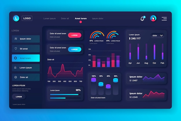 Neumorphic dashboard UI kit. Admin panel template with infographic elements, HUD diagram, info graphics. Website dashboard for UI and UX design web page. Neumorphism style.