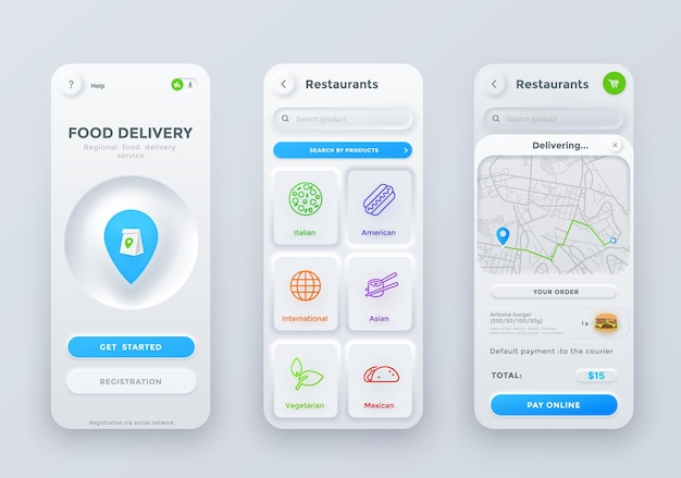 Neumorphic food order and delivery app interface