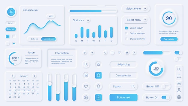 Neumorphic user interface elements, mobile app ui design kit. Buttons, bars, sliders in neumorphism style for website or dashboard vector set