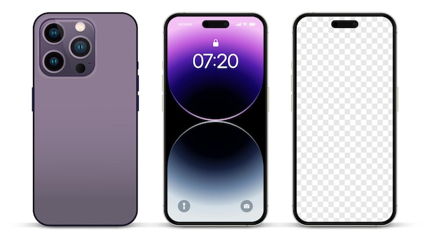 New deep purple smartphone released iPhone 14 pro front and back side. Smartphone mockup with screen