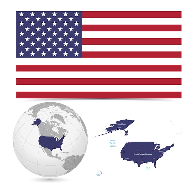 Vector new detailed flag with map world of america,usa