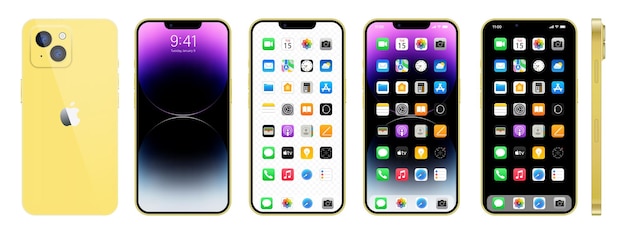 Vector new gold iphone 14 apple inc smartphone with ios 14 locked screen phone navigation page home page with 47 popular apps vector illustration eps10 editorial