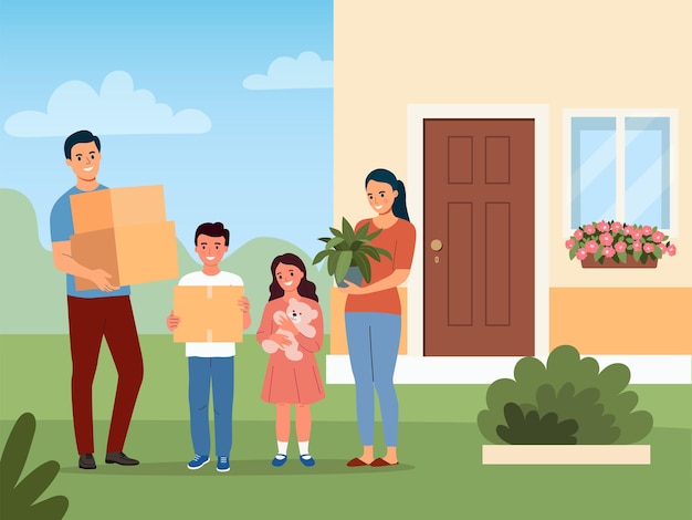 New house for family Happy family with boxes Moving House Vector illustration