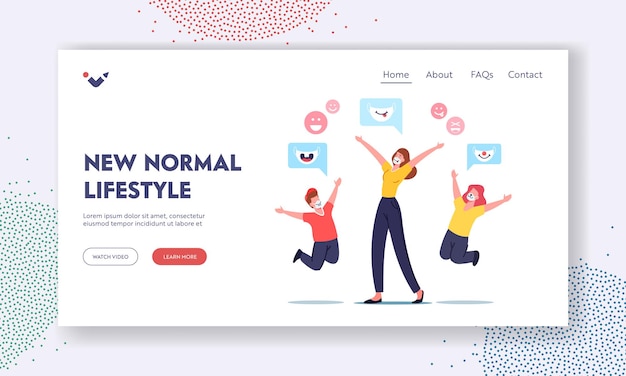 Vector new normals of life landing page template. happy characters mother with children rejoice, people wearing funny kids masks with animal muzzles for protection of coronavirus. cartoon vector illustration