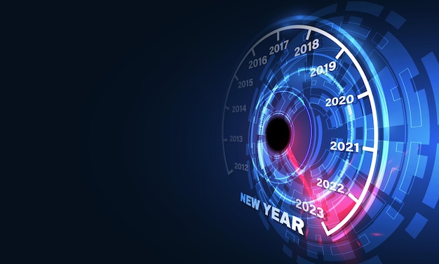 New year 2023 car speedometer red indicator on black blur background