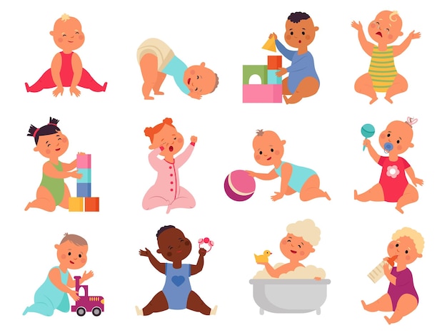 Newborn baby characters Cute toddler babies isolated with toys Cartoon smile infants happy active little boy girl in diaper decent vector set