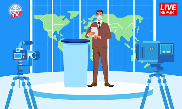 News anchors with medical mask reporting in TV studio presenters on table on pedestal with world map background