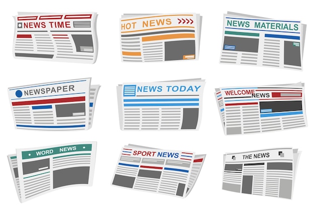 Newspapers set graphic elements in flat design Bundle of periodical publications with different article headers news times world tabloids paper mass media Vector illustration isolated objects