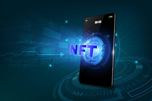 NFT Crypto Token with Mobile Phone App Banner Nonfungible token and smartphone with app for buying crypto arts NFT token in blockchain technology