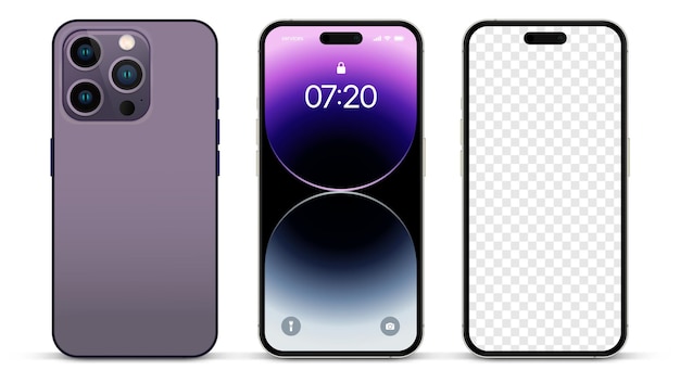 Nieuwe dieppaarse smartphone vrijgegeven iPhone 14 pro voor- en achterkant. Smartphone-mockup met scherm