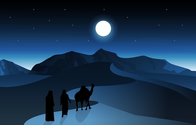 Night Arabic Desert Camel Caravan Muslim Islamic Culture Illustration