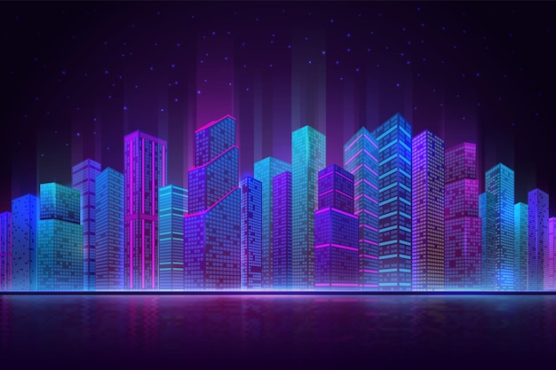 Night city panorama Colorful landscape retro neon futuristic cityscape Beach downtown buildings abstract urban recent vector background Office building beautiful view cityscape illustration