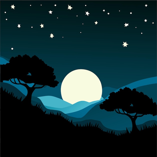 Vector night scene landscape with tree silhouette vector illustration