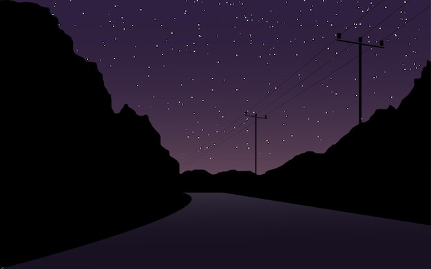 Night sky scene in the road with electric poles