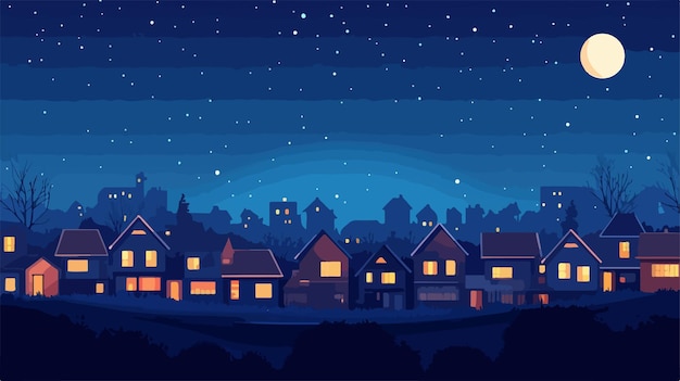 Vector night view suburban house in big city cottage