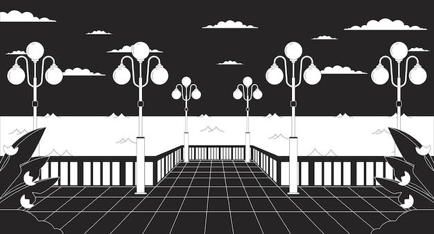 Vector night waterfront with streetlights black and white lo fi aesthetic wallpaper nighttime city quay glowing lampposts outline 2d vector cartoon cityscape illustration monochrome lofi background