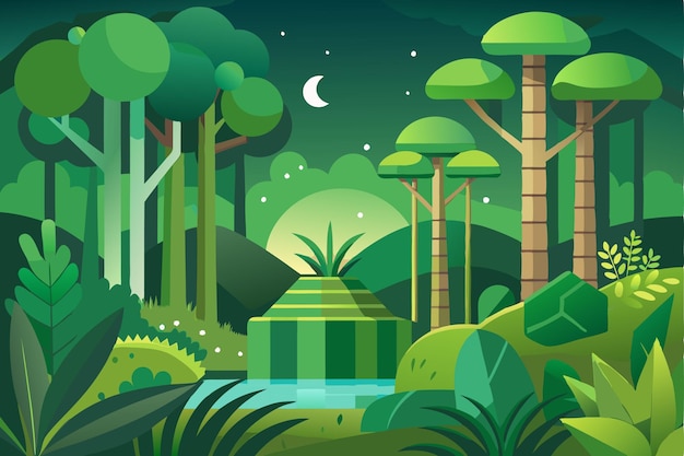 Vector nighttime jungle landscape with a crescent moon and a waterfall