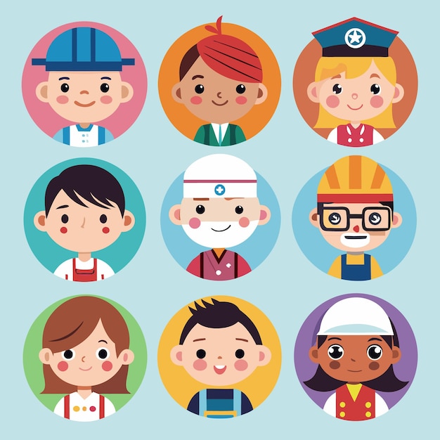 Vector nine cartoon avatars of different professions