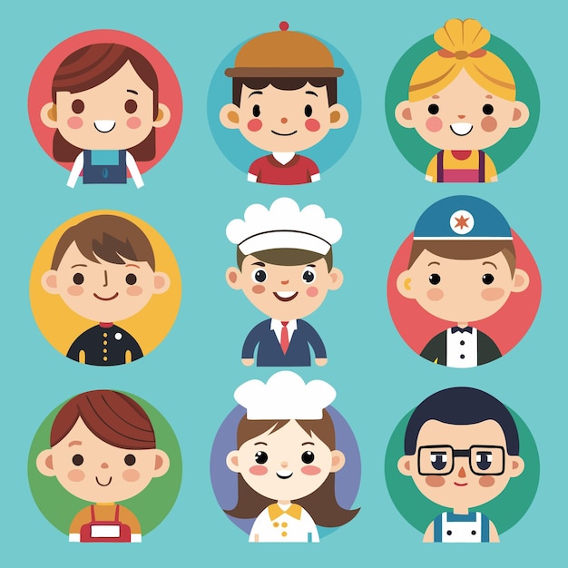 Vector nine cute cartoon characters with different professions