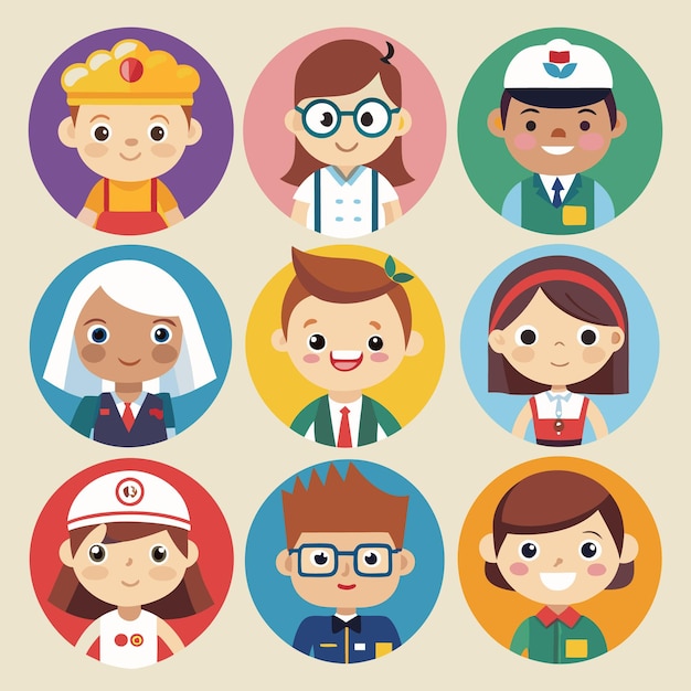 Vector nine smiling cartoon people in various professions with diverse skin tones