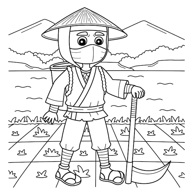 Ninja Disguise as a Farmer Isolated Coloring Page