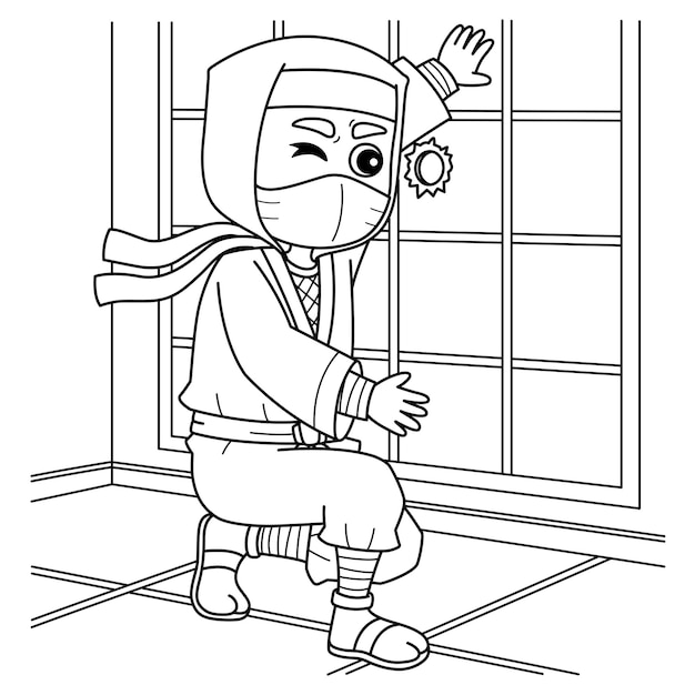 Ninja Peeking through Hole Isolated Coloring Page