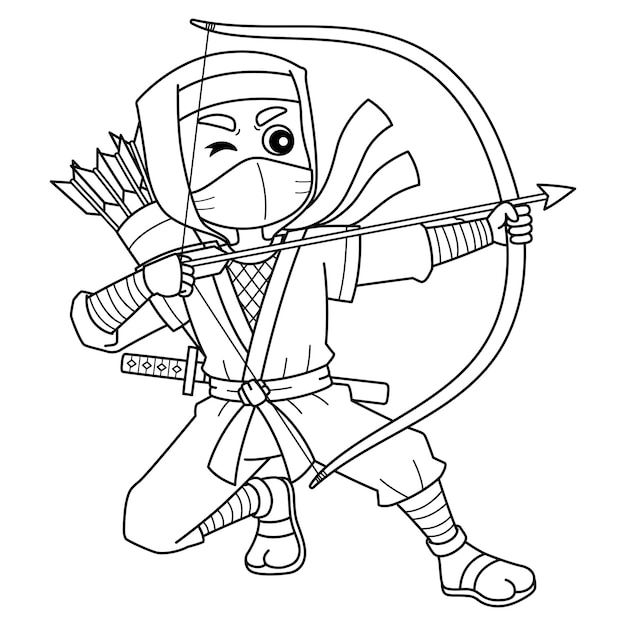 Ninja with Bow and Arrow Isolated Coloring Page