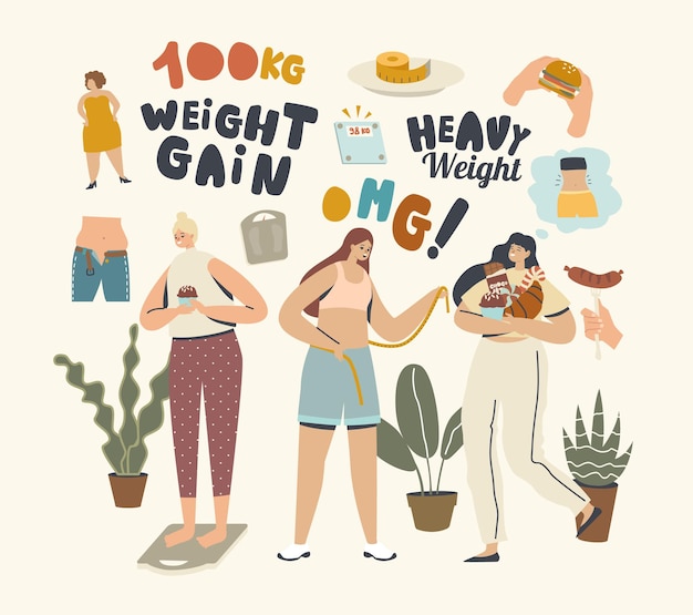 Vector no diet concept. female characters weight gain. women eat heavy meals and fastfood burger, chocolate, donut, soda drink enjoying unhealthy eating, fast food snacks. linear people vector illustration