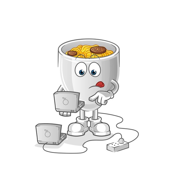Vector noodle bowl with laptop mascot cartoon vectorxa