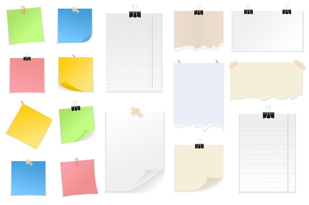 Note papers set graphic elements in flat design Bundle of different types of notebook sheets torn pieces of paper colored stickers with tapes pins or clips Vector illustration isolated objects