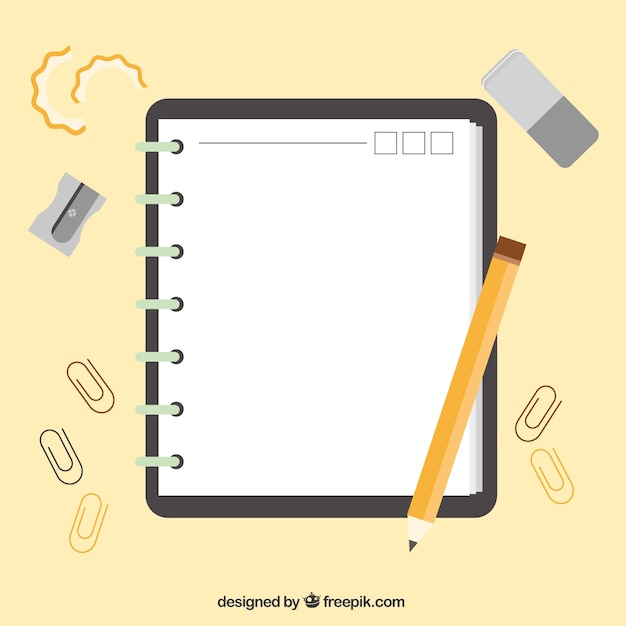 Notebook with accessories in flat design 