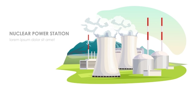 Vector nuclear power station energy generation atomic plant electricity production environmental powerplant industrial technology electric building landscape with mountain field vector illustration