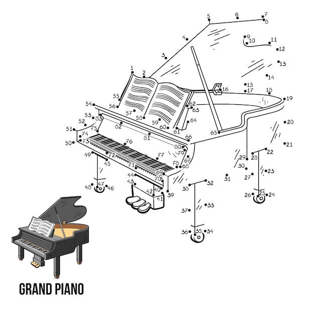 Numbers dot to dot game for children musical instruments grand piano