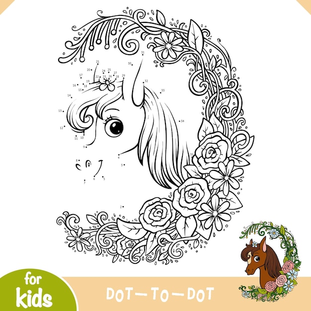 Numbers game education game for children Cute pony in a floral frame