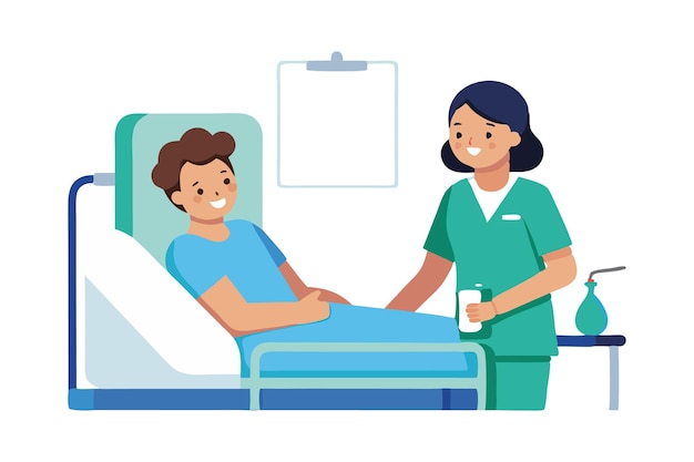 Vector nurse providing care and support to a smiling patient in hospital bed