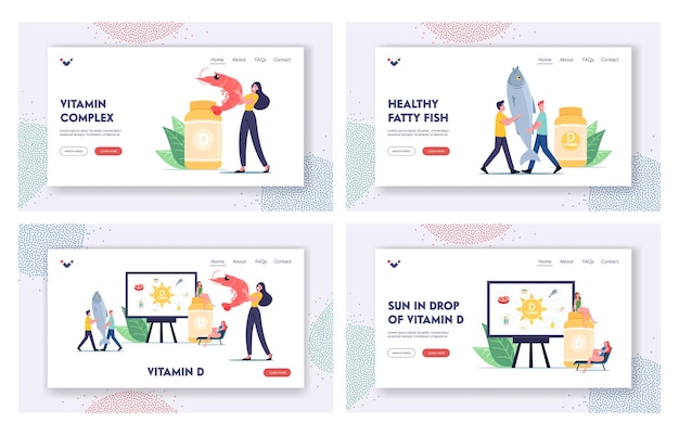 Vector nutritional addictive supplements for health landing page template set. tiny characters presenting vitamin d sources seafood, organic natural products, sunbathing. cartoon people vector illustration