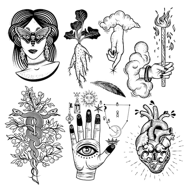 Occultism Set With Woman With Moth Eyes, Mandrake Root, Snakes On The Tree, Alchemical symbols on The Hand, Hand of God with clouds, Heart Lock.  illustration.