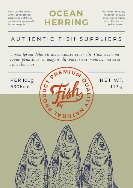 Ocean Fish Abstract Vector Packaging Design or Label Modern Typography Banner Hand Drawn Herring Silhouette with Lettering Logo Stamp Color Paper Background Layout