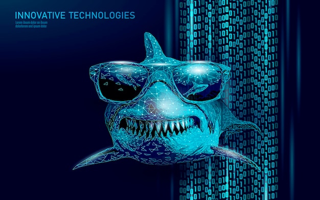 Ocean shark in sunglasses open toothy dangerous mouth with many teeth underwater blue sea waves clea