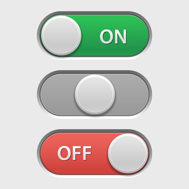 On off button User interface switch for adjustment menu in on neutral and off option positions modern web and phone UI elements Vector set