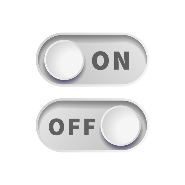 On and Off gray realistic toggle switch buttons isolated on white