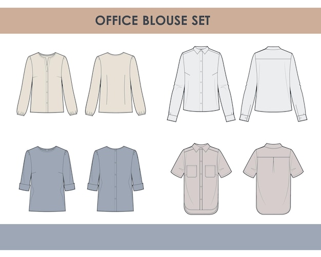 Vector office collection of blouses for woman basic set of technical sketches